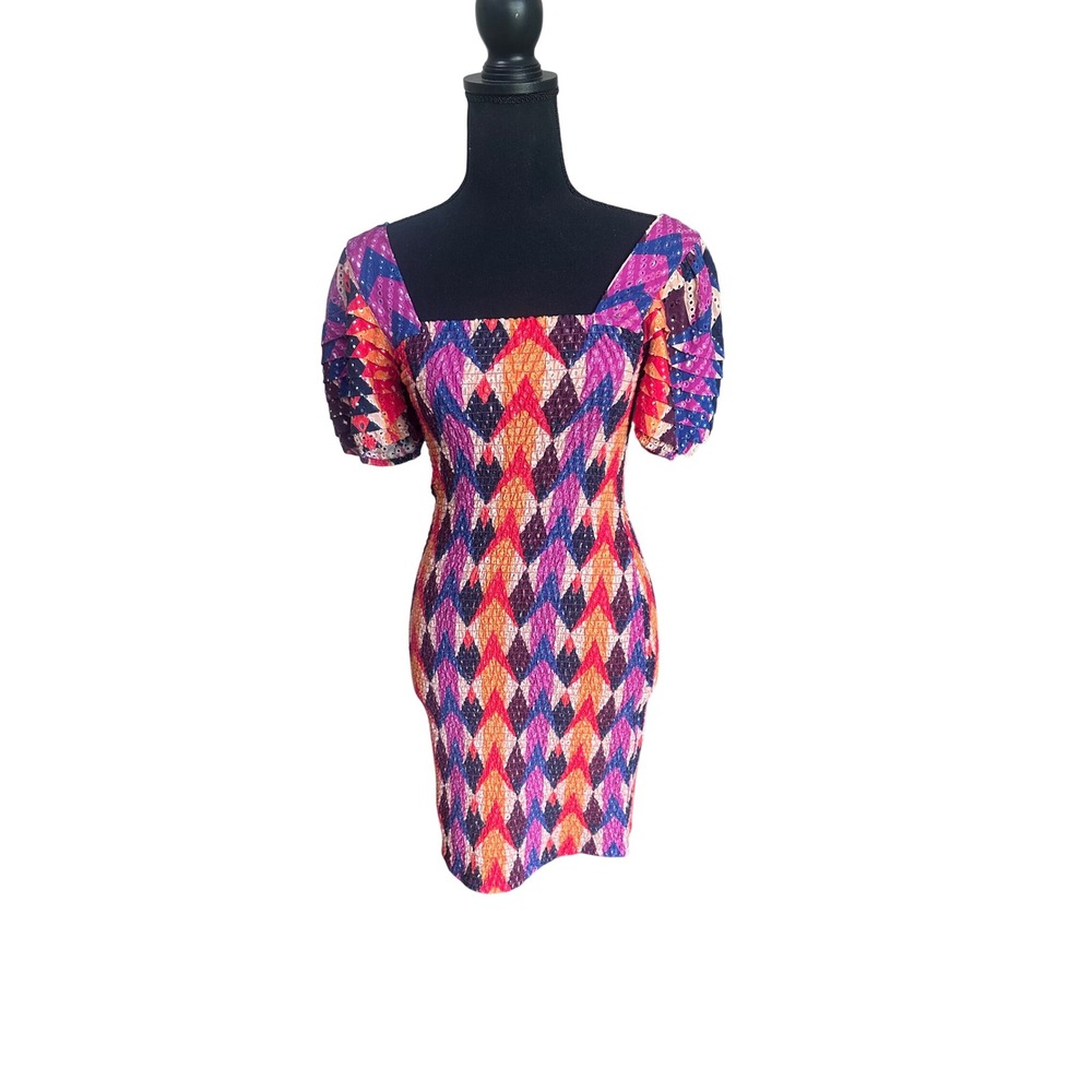Farm Rio Lindeza Grafica Mini Puff Sleeve Smocked Boho Geometric Luxury SZ XS
